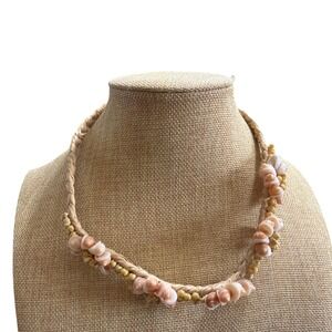 Handmade Seashell Choker Necklace Braided Raffia‎ Pink White Shells Boho Coastal